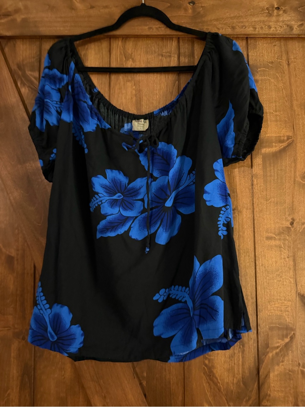 Aloha Hut Hawaii Blue Hibiscus Peasant Blouse Cruise Resort Wear Size L
